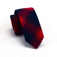 Navy Blue & Red Plaid Cotton Skinny Tie
